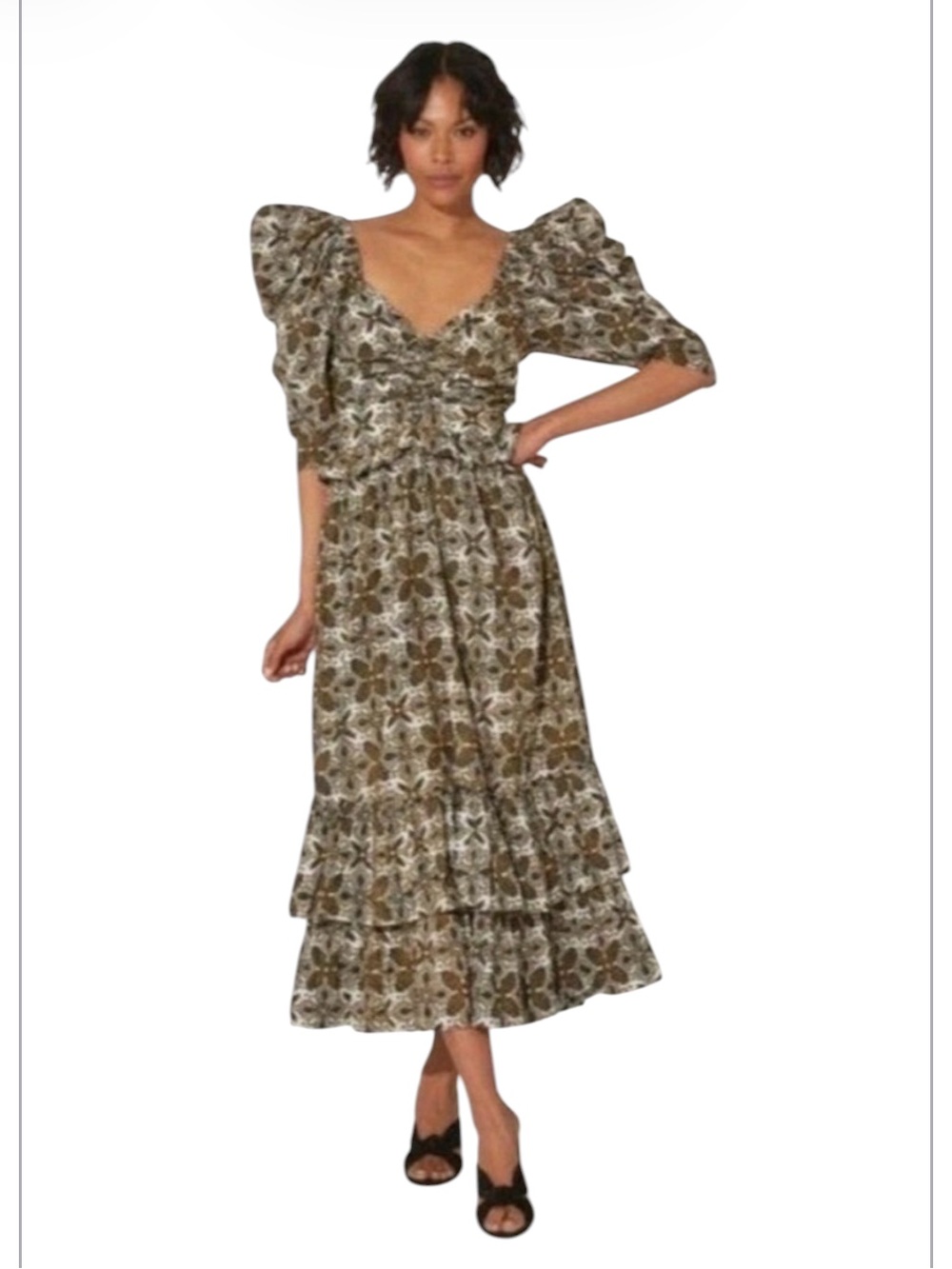 Cleobella Brown Cream Puff Sleeve V Neck Smock Floral Print Ruffle Midi Dress XS